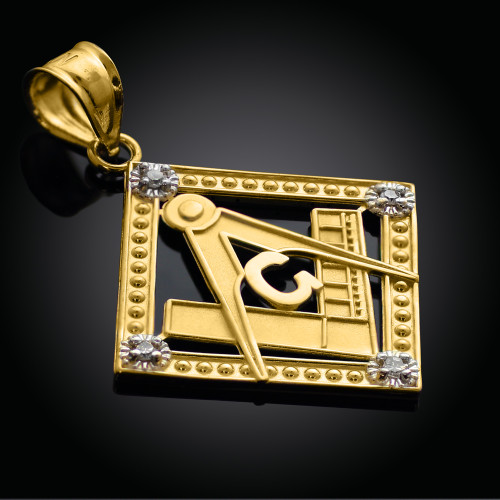 Yellow Gold Square Freemason Diamond Masonic Pendant Necklace