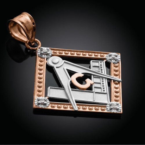 Two-Tone Rose Gold Square Freemason Diamond Masonic Pendant Necklace