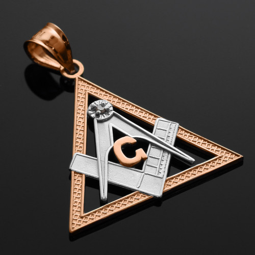 Two-Tone Rose Gold Triangle Freemason Diamond Masonic Pendant Necklace