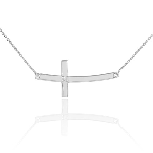 14K White Gold Sideways Curved Diamond Cross Necklace