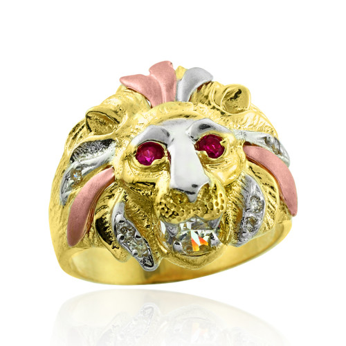 Tri-Tone Gold Lion Head Men's CZ Ring