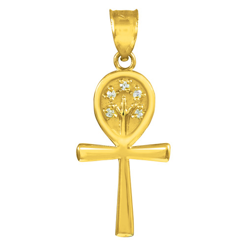 Yellow Gold Ankh Cross Tree of Life CZ Pendant Necklace