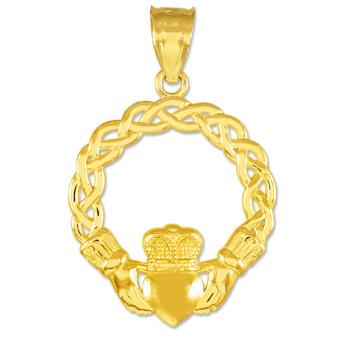 Gold Classic Braided Claddagh Charm Pendant Necklace