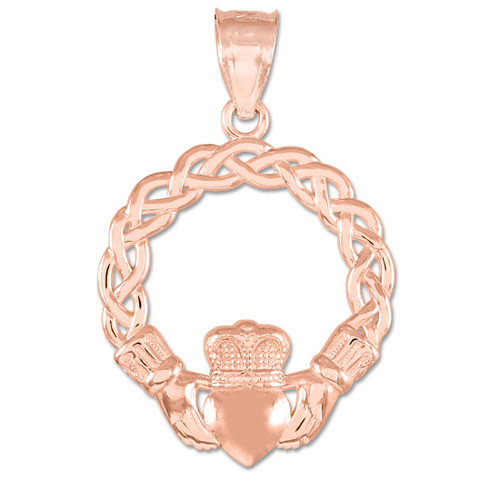 Rose Gold Classic Braided Claddagh Charm Pendant Necklace