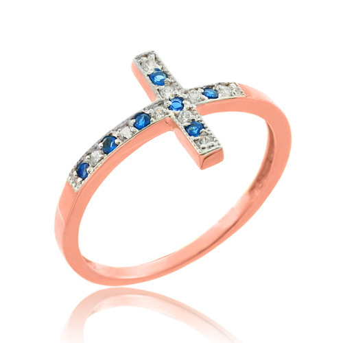 Rose Gold Diamond Sideways Cross Ring with Sapphire