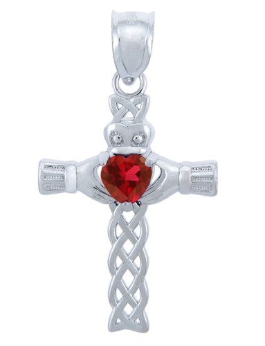 Silver Celtic Cross Pendant with Garnet CZ Heart