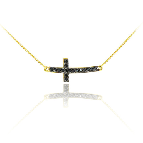 14K Gold Sideways Curved Cross Black Diamond Cute Necklace