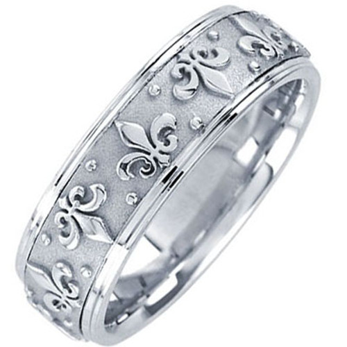 14k White Gold Fleur-De-Lis Wedding Band 7MM