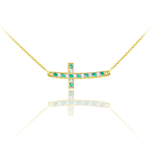 14k Gold Diamond and Emerald Sideways Curved Cross Necklace