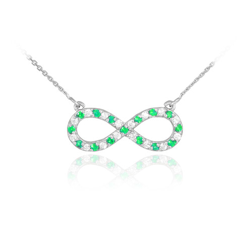 14K White Gold Diamond and Emerald Infinity Necklace