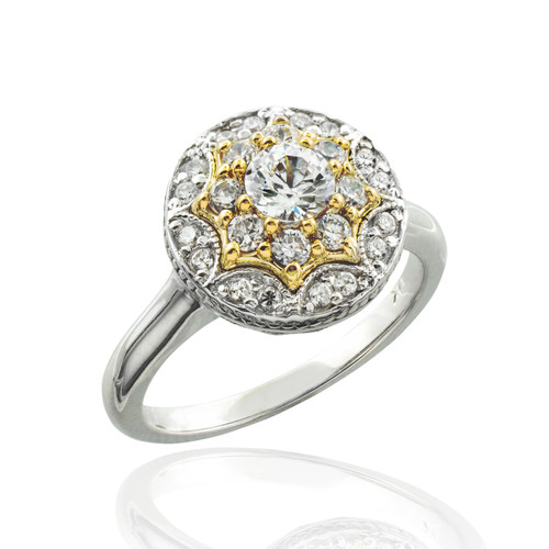 Double halo diamond engagement ring in 14k white and yellow gold.