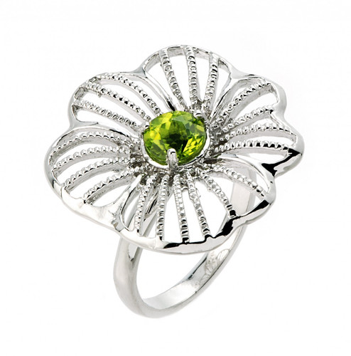 Flower ring with peridot in 925 sterling silver, rhodium plated.