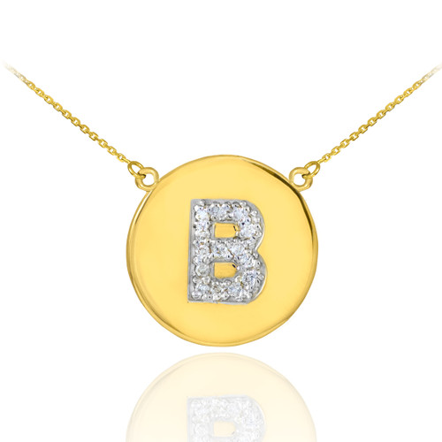 Letter "B" disc necklace with diamonds in 14k yellow gold.