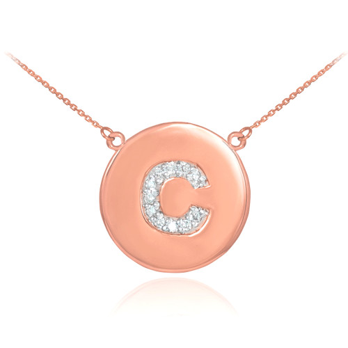 Letter "C" disc necklace with diamonds in 14k rose gold.