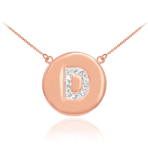 Letter "D" disc necklace with diamonds in 14k rose gold.