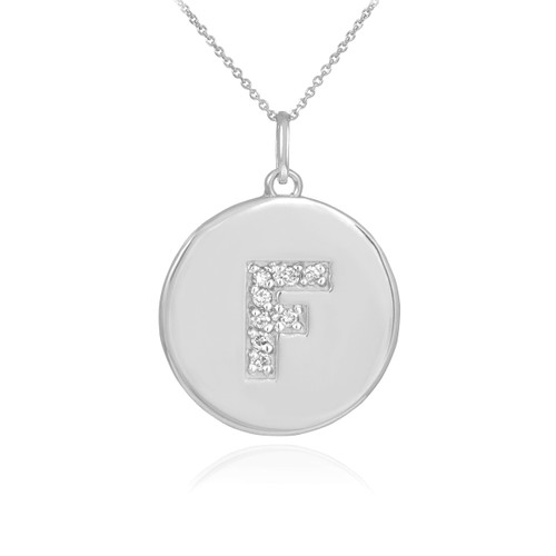 Letter "F" disc pendant necklace with diamonds in 10k or 14k white gold.