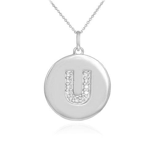 White Gold Letter "U" Initial Diamond Disc Pendant Necklace