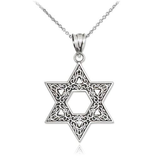 Vintage Oxidized Sterling Silver Star of David Ornament Pendant Necklace