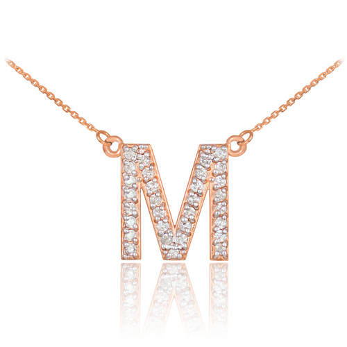 14k Rose Gold Letter "M" Diamond Initial Monogram Necklace