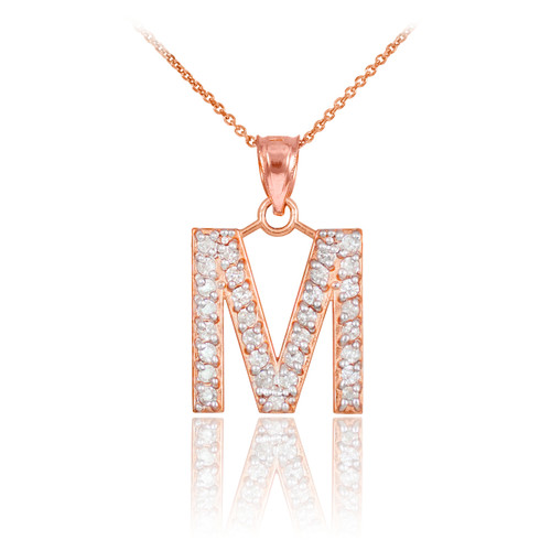 Rose Gold Letter "M" Initial Diamond Monogram Pendant Necklace