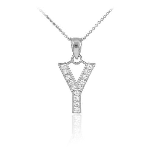 White Gold Letter "Y" Diamond Initial Pendant Necklace