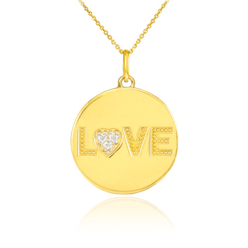 14K Gold "LOVE" Script Diamond Disc Pendant Necklace