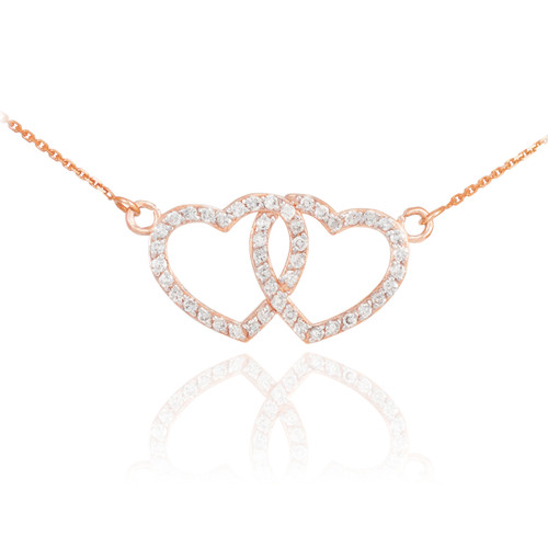 14K Rose Gold CZ Studded Double Heart Necklace