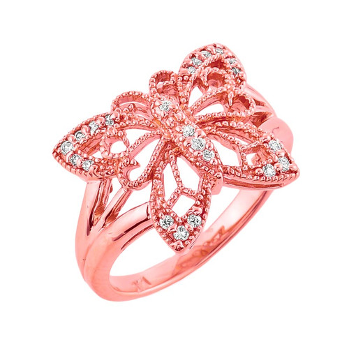 10K Rose Gold Diamond Filigree Butterfly Ring