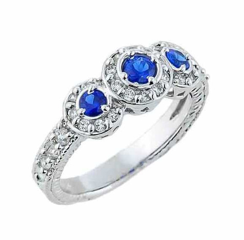 White Gold Art Deco Blue CZ Engagement Ring