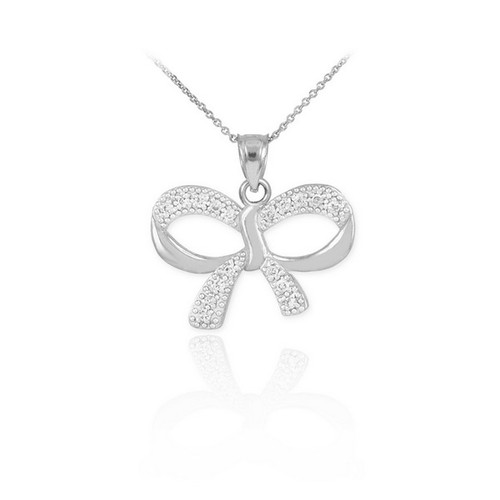 Polished White Gold Diamond Bow Pendant Necklace