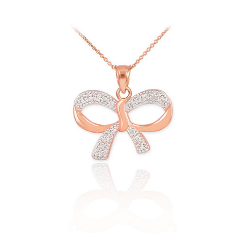 Polished Rose Gold Diamond Bow Pendant Necklace