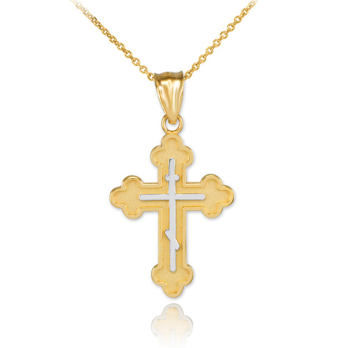 Two-Tone Yellow Gold Eastern Orthodox Cross Charm Pendant Necklace