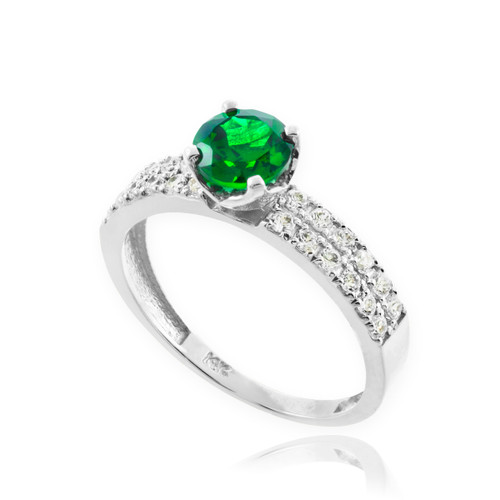 Genuine Emerald White Gold Diamond Pave Engagement Ring