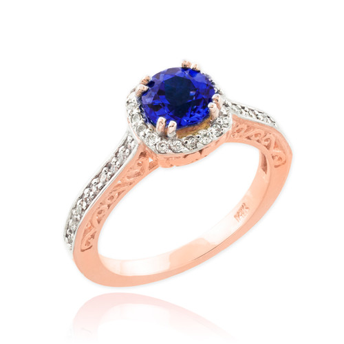 Rose Gold Blue Sapphire Halo Diamond Pave Engagement Ring