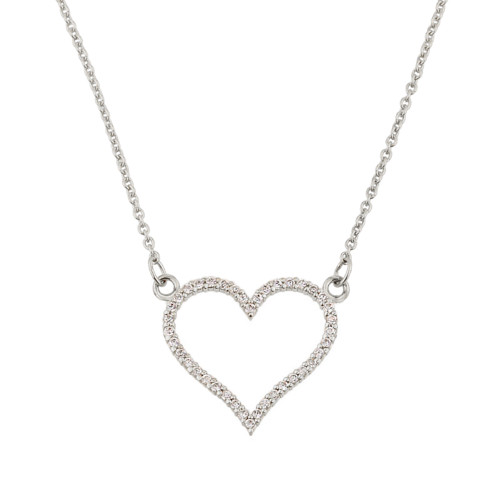 14K White Gold Diamonds Studded Open Heart Necklace