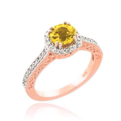 Yellow Citrine Halo Diamond Pave Rose Gold Engagement Ring
