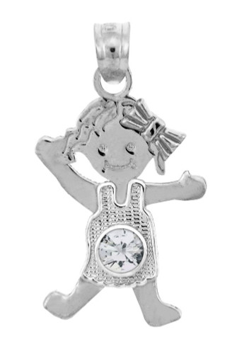 Sterling Silver Baby Girl Birthstone Charm w/ Clear CZ Crystal