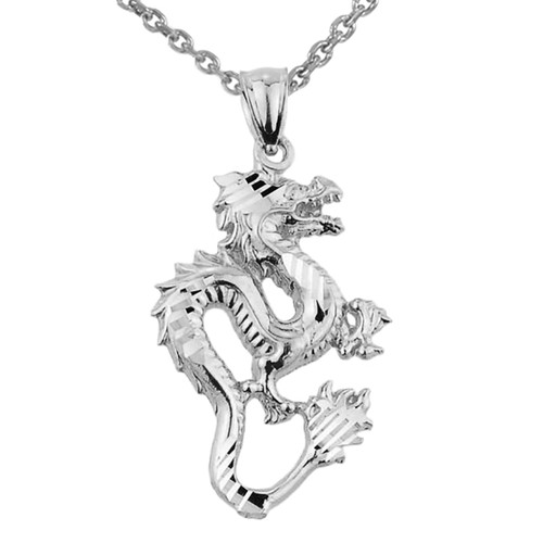 White Gold Diamond Cut Dragon Charm Pendant