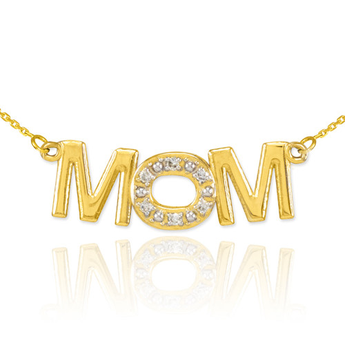 14K Yellow Gold MOM Diamond Studded Pendant Necklace