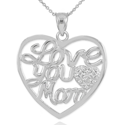 14K White Gold Diamond Pave Heart "Love You Mom" Pendant Necklace