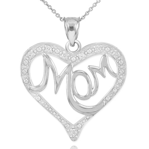 14K White Gold Diamond Studded Heart  "Mom" Pendant Necklace
