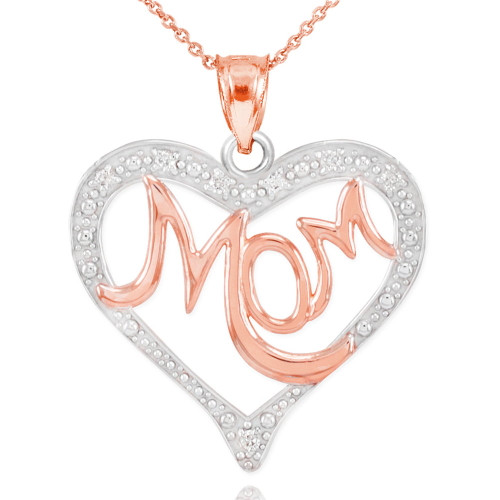 14K Two-Tone Rose Gold Diamond Studded "Mom" Heart Pendant Necklace