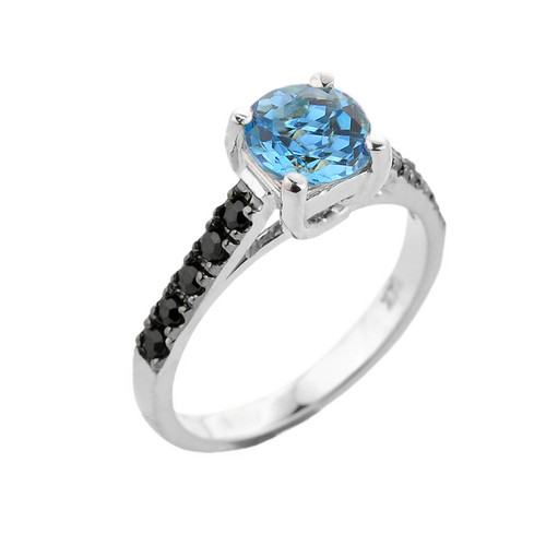 White Gold Blue Topaz and Black Diamond Solitaire Engagement Ring
