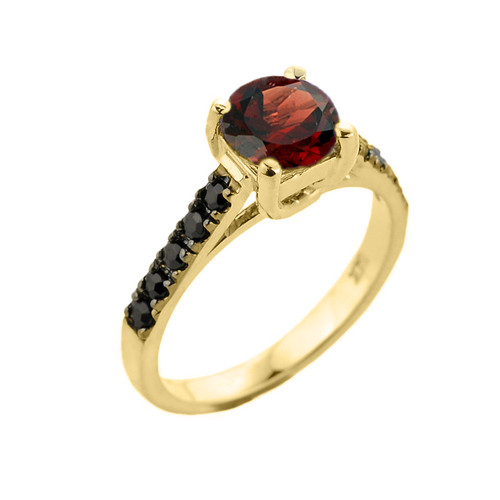 Yellow Gold Garnet and Black Diamond Solitaire Engagement Ring