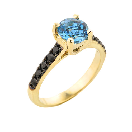 Yellow Gold Blue Topaz and Black Diamond Solitaire Engagement Ring