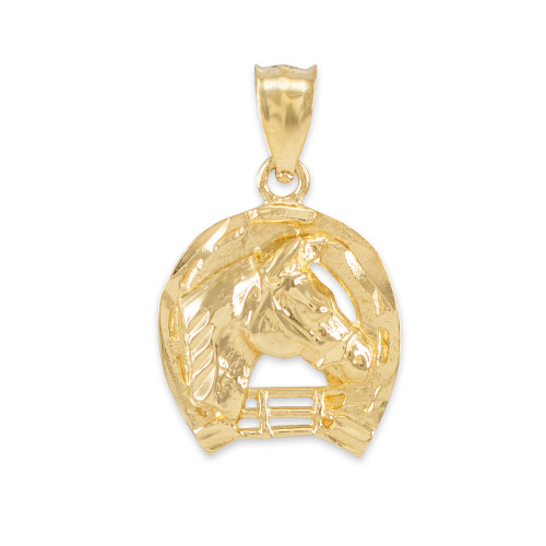 Gold Horseshoe with Horse Head Charm Pendant Necklace