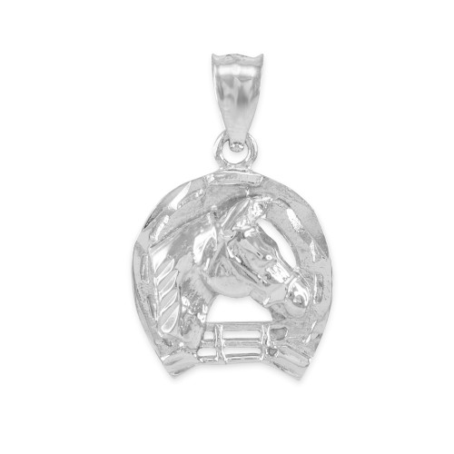 White Gold Horseshoe with Horse Head Charm Pendant Necklace