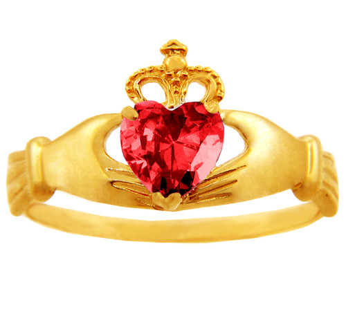 Ruby CZ birthstone Claddagh ring in 10k or 14k gold.