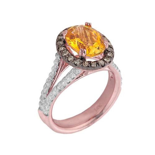 14k Rose Gold Citrine and Diamond Engagement Ring