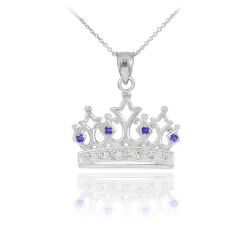White Gold Sapphire Crown Pendant Necklace with Diamonds